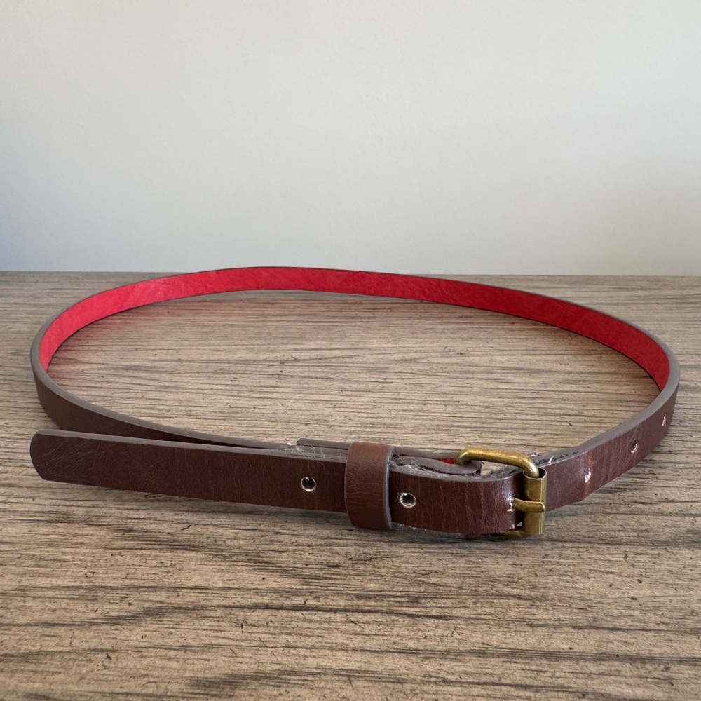 Chocolate Brown Leather Belt Skinny Gold Buckle - Picture 3 of 11